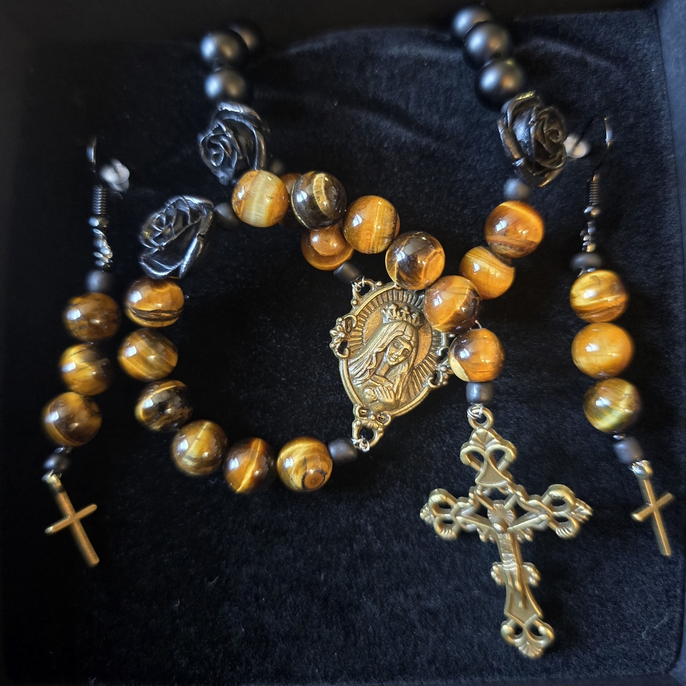 Tiger Eye Beaded Rosary Set with Cross